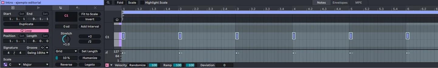 Real Ableton Live MIDI editor with notes and velocities