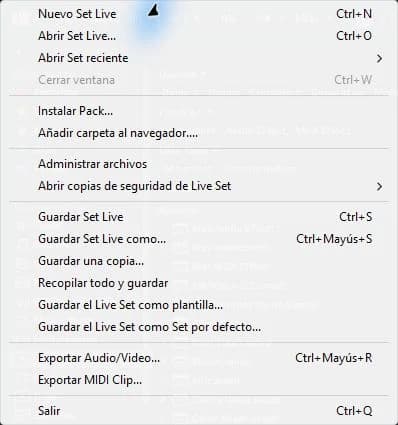 Ableton Live File Menu: Save and Collect Files