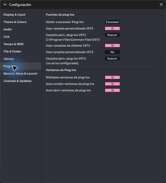 Actual Plug-In Configuration in Ableton Live